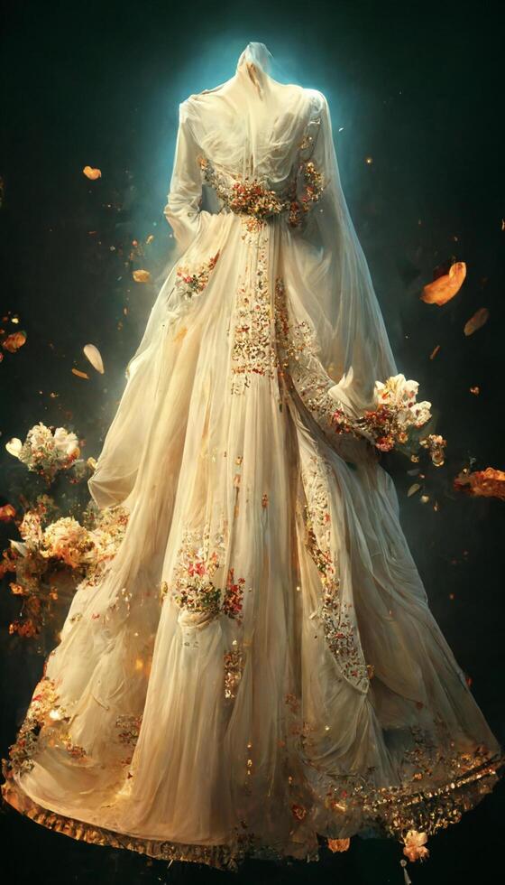 woman in a wedding dress surrounded by falling leaves. . photo