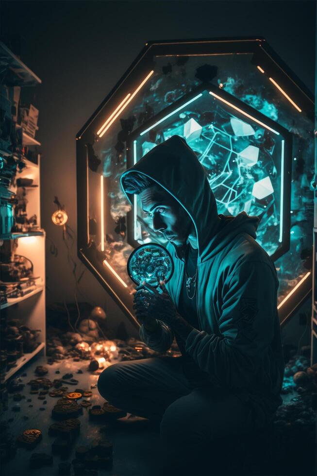 man in a hoodie sitting in front of a mirror. . photo