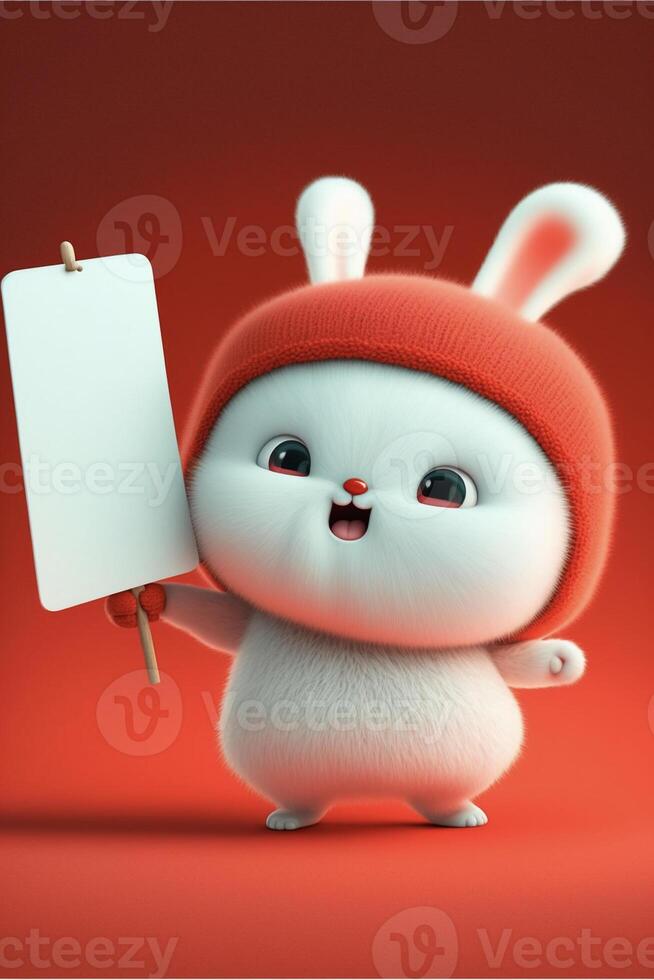 cartoon bunny holding a sign on a red background. . photo