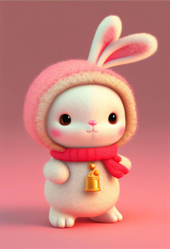 white rabbit wearing a pink hat and scarf. . photo