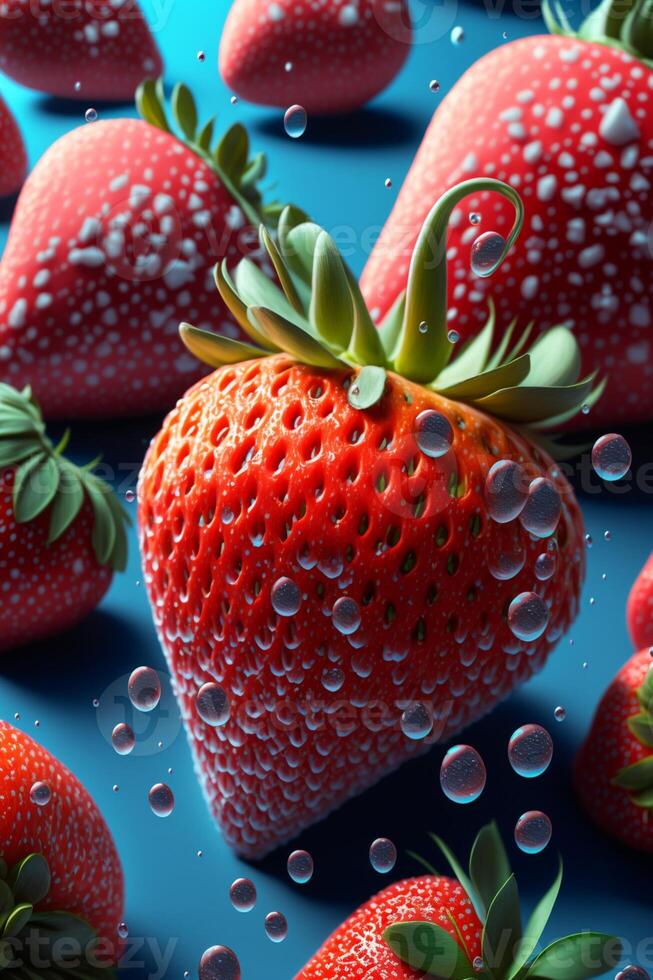 grupo de fresas sentado en parte superior de un azul superficie. generativo ai. foto