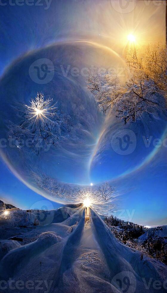 couple of people riding skis down a snow covered slope. . photo