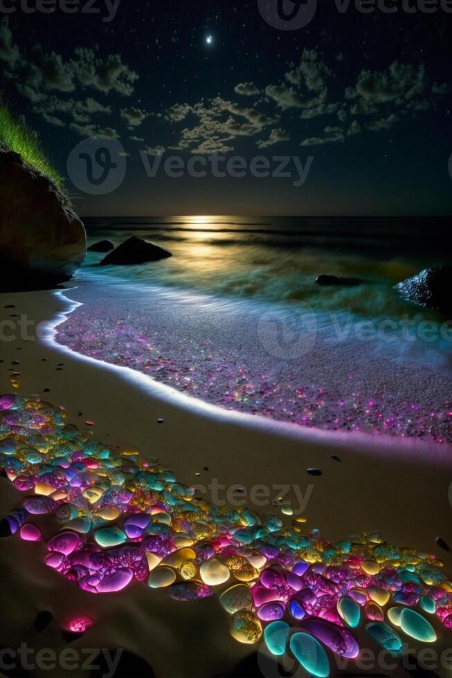 playa a noche con un lleno Luna en el cielo. generativo ai. foto