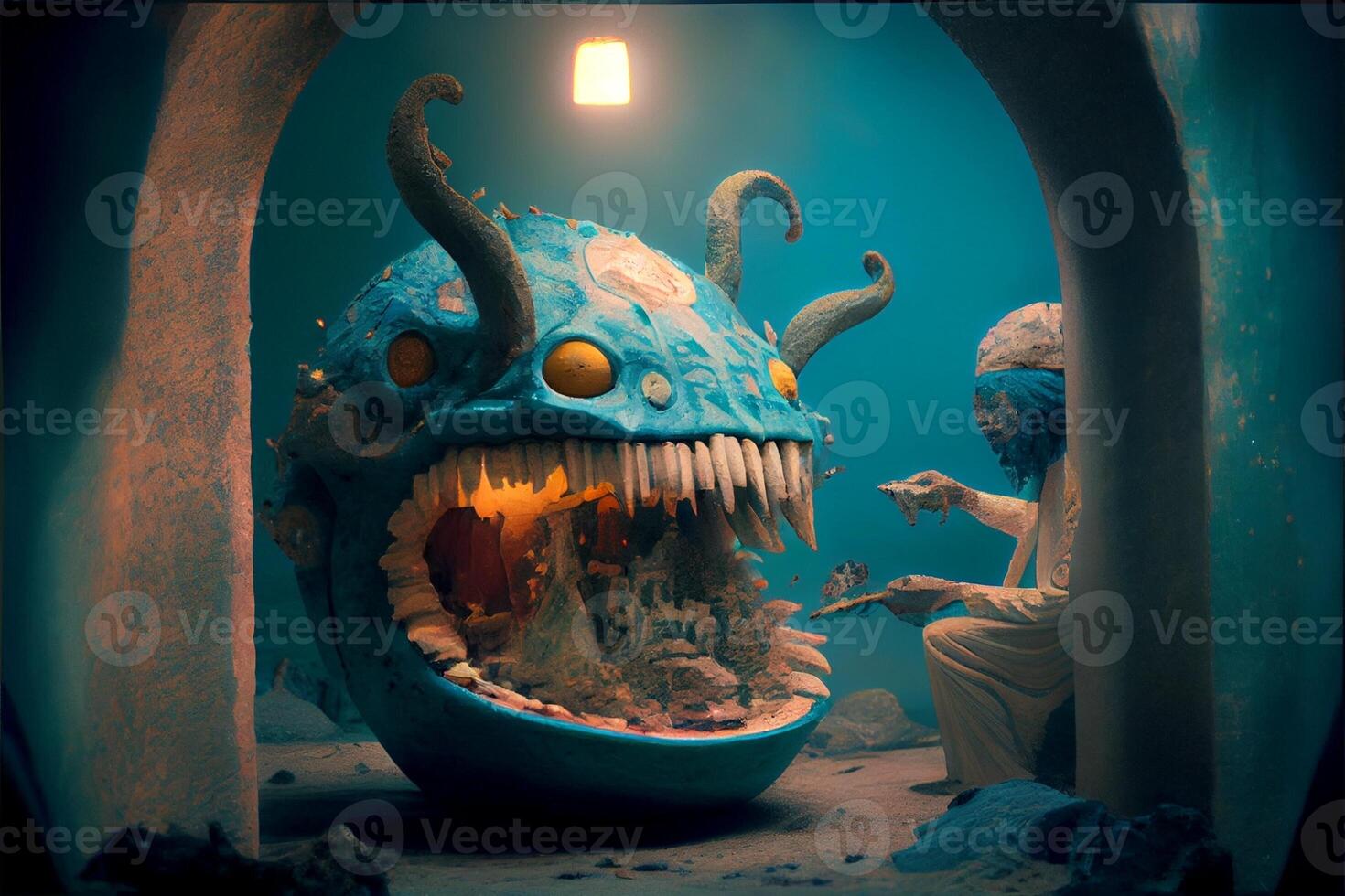 man sitting in front of a fake monster. . photo