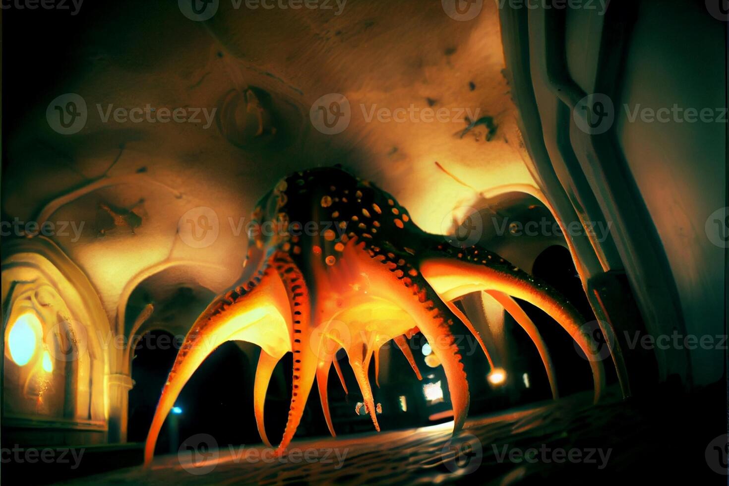 close up of an octopus statue in a building. . photo