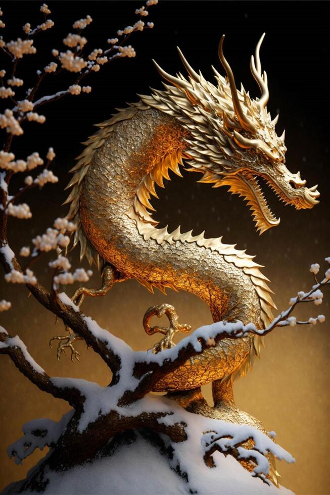 golden dragon statue sitting on top of a snow covered tree. . photo