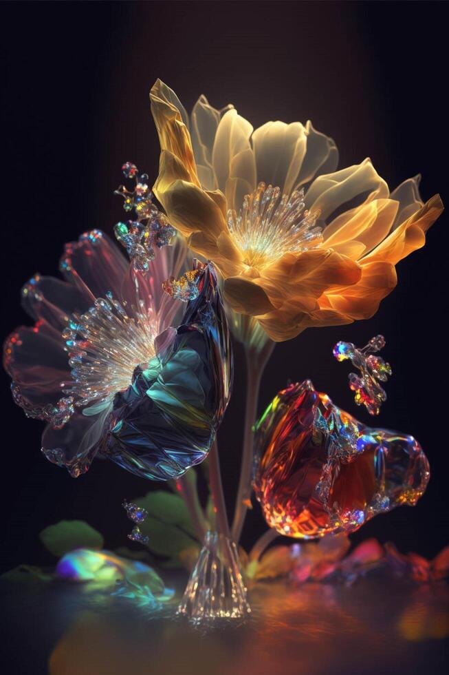 couple of glass flowers sitting on top of a table. . photo