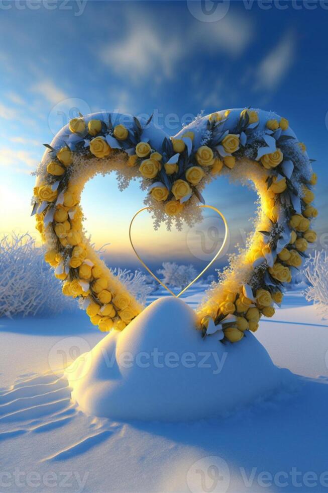 heart shaped wreath made of red roses in the snow. . photo