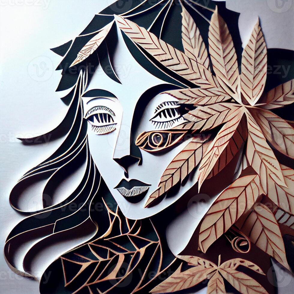 papel cortar de un mujer con hojas en su cabeza. generativo ai. foto