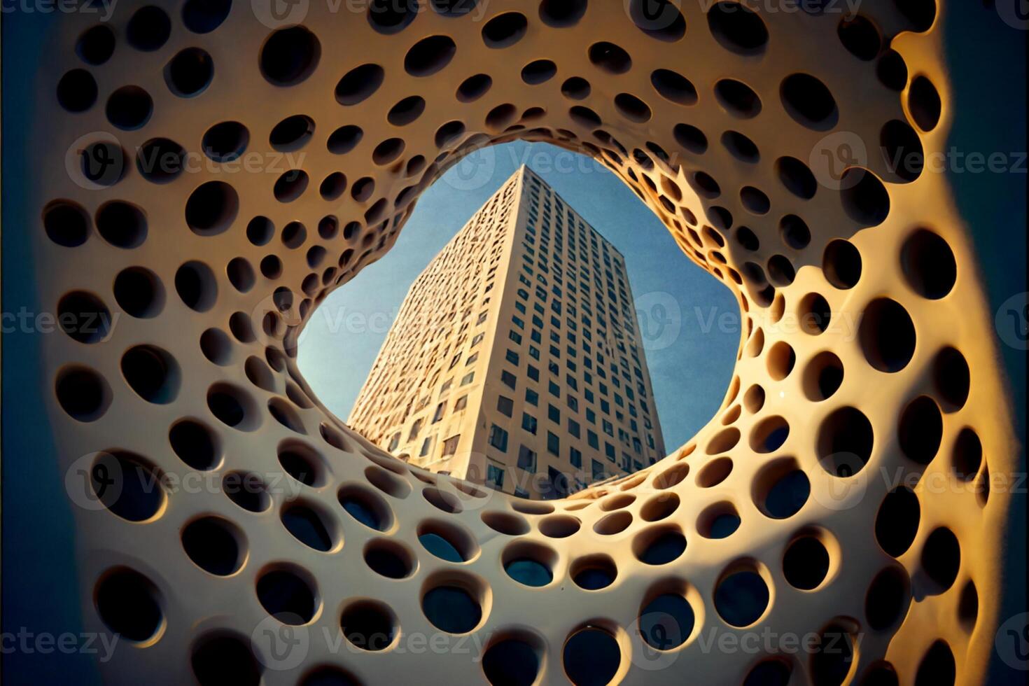 view of a tall building through a hole. . photo