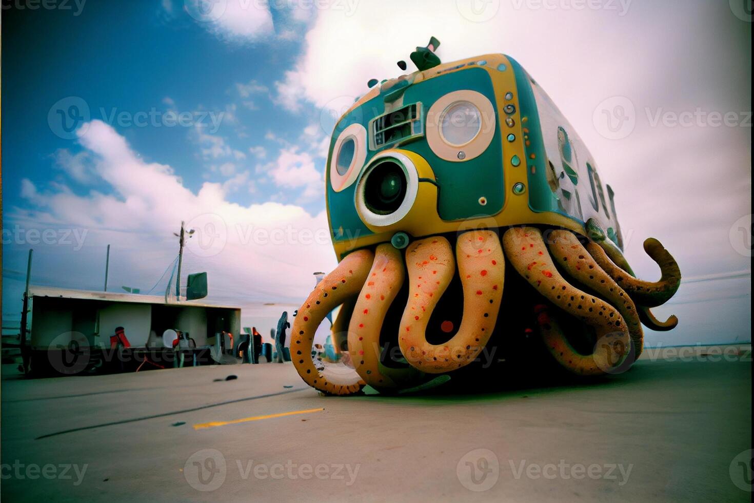 an octopus shaped radio sitting on top of a parking lot. . photo