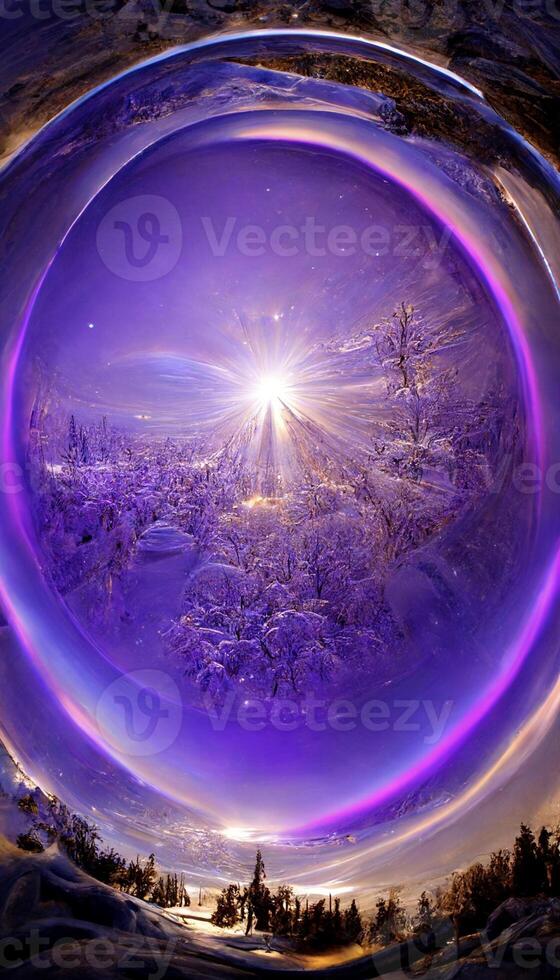 circular picture of a snow covered landscape. . photo