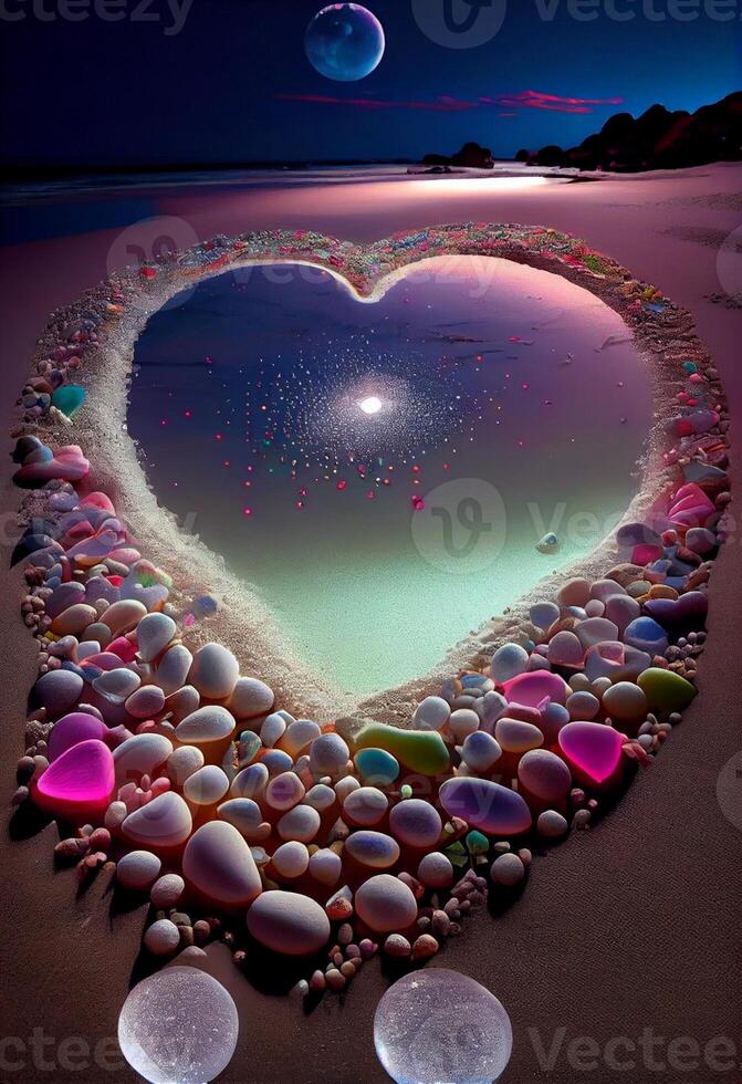 heart made out of rocks on a beach. . photo