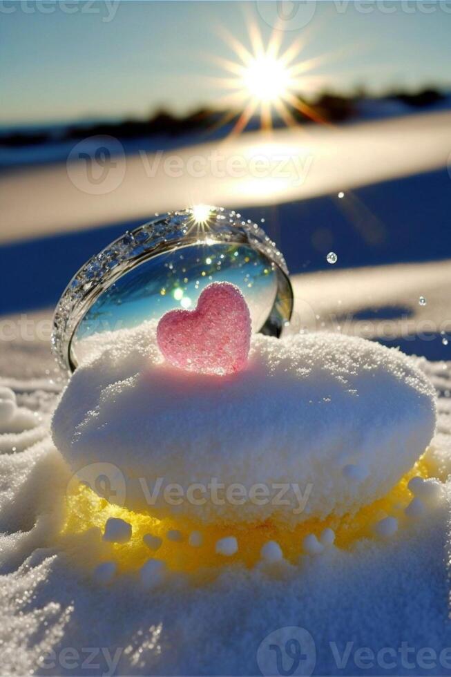 pink heart sitting on top of a pile of snow. . photo