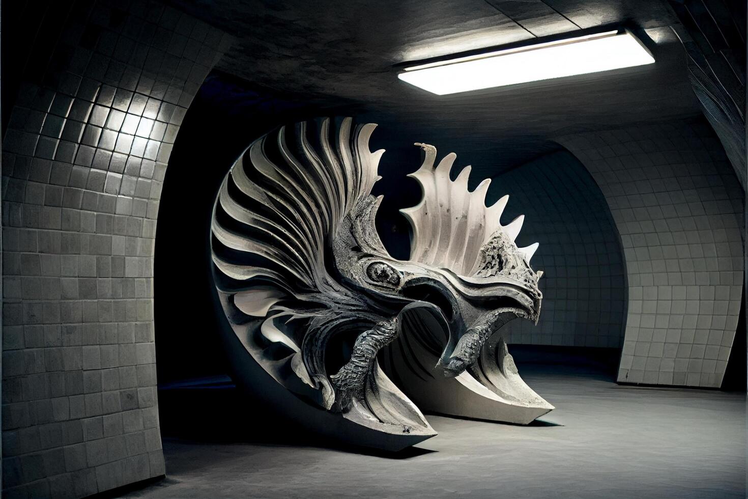 black and white photo of a sculpture in a tunnel. .