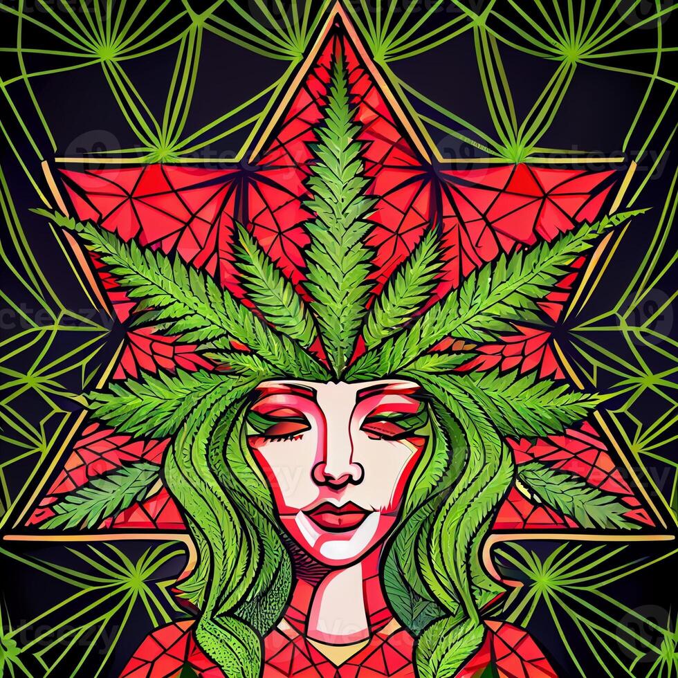 painting of a woman with a marijuana leaf on her head. . photo