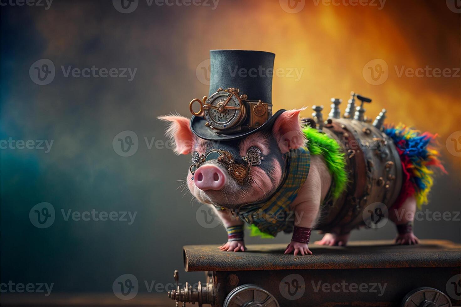 small pig wearing a top hat on top of a train. . photo