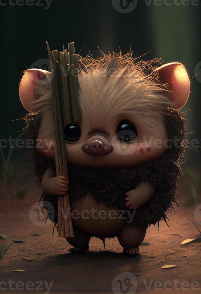 close up of a small animal holding a stick. . photo