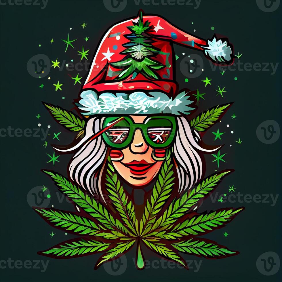 woman wearing a santa hat and goggles holding a marijuana leaf. . photo