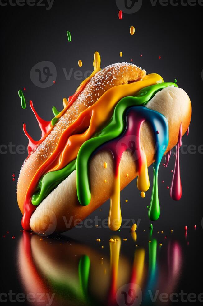 close up of a hot dog covered in paint. . photo