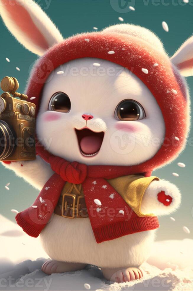 cartoon rabbit holding a camera in the snow. . photo