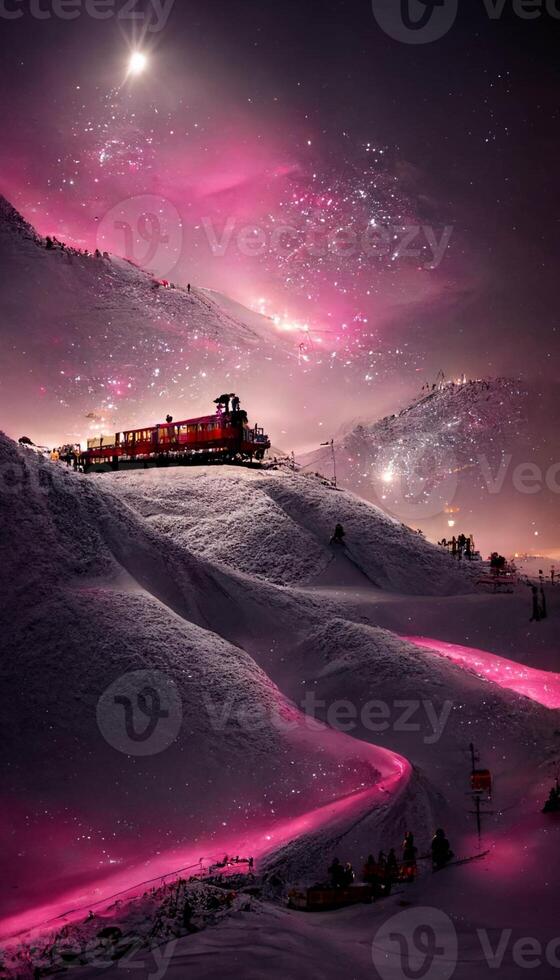 train that is on a track in the snow. . photo