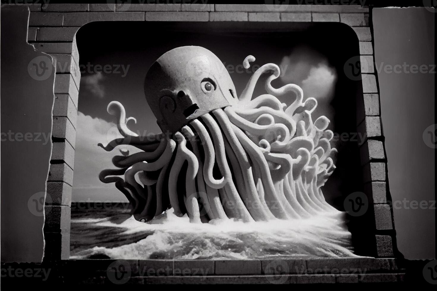 black and white photo of a giant octopus. .