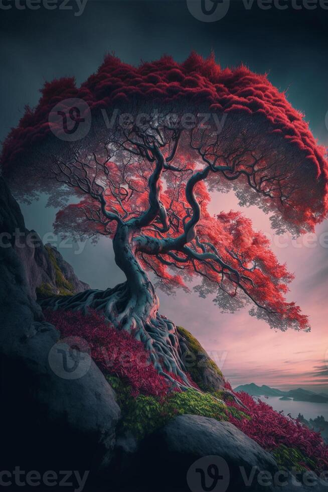 red tree sitting on top of a lush green hillside. . photo