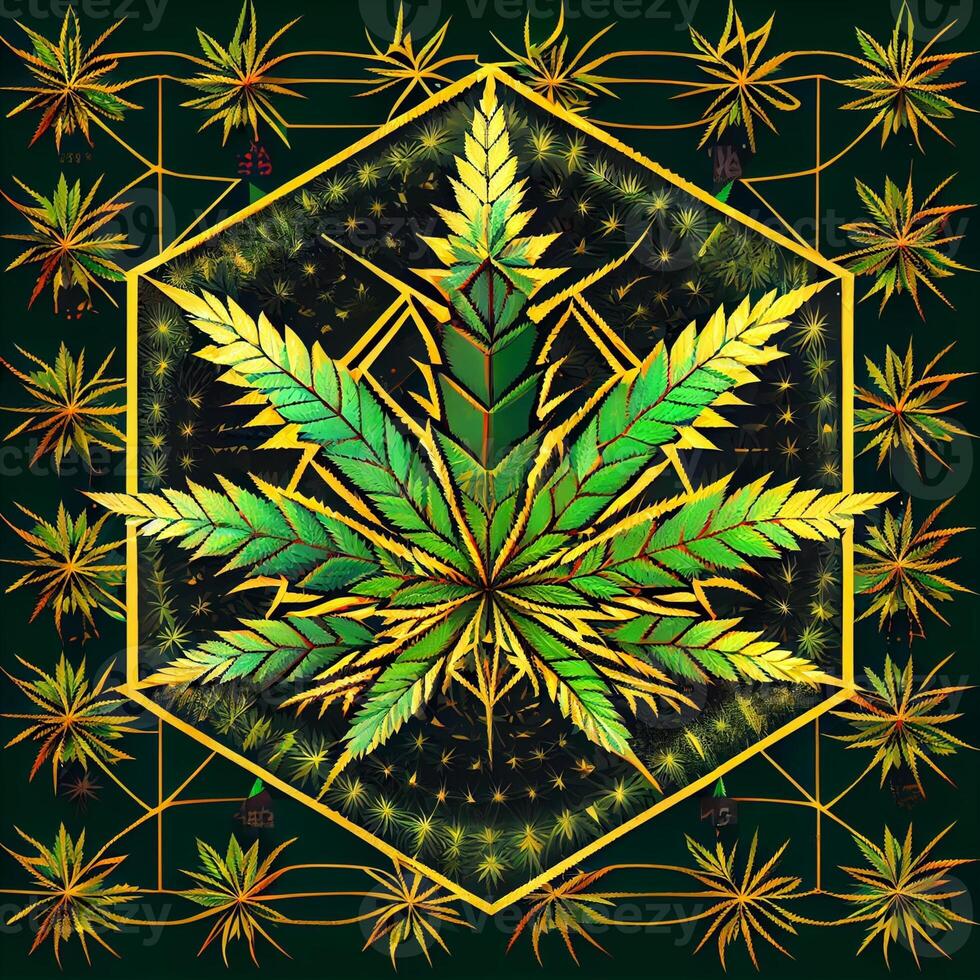 marijuana leaf in a gold frame on a green background. . photo