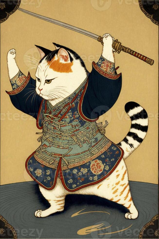 cat dressed as a samurai with a sword. . photo