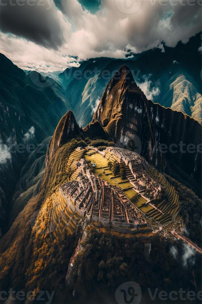 an aerial view of a city in the mountains. . photo