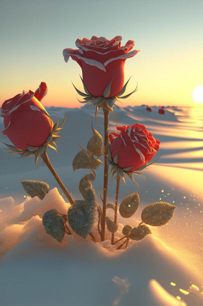 three roses in the snow with the sun in the background. . photo