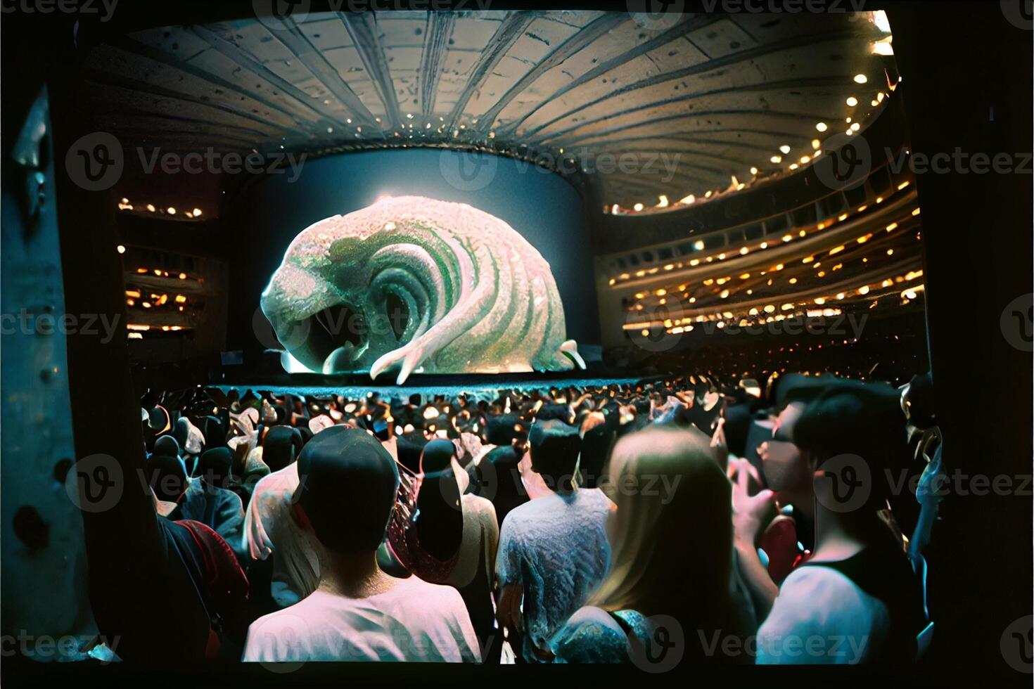 crowd of people standing in front of a large screen. . photo