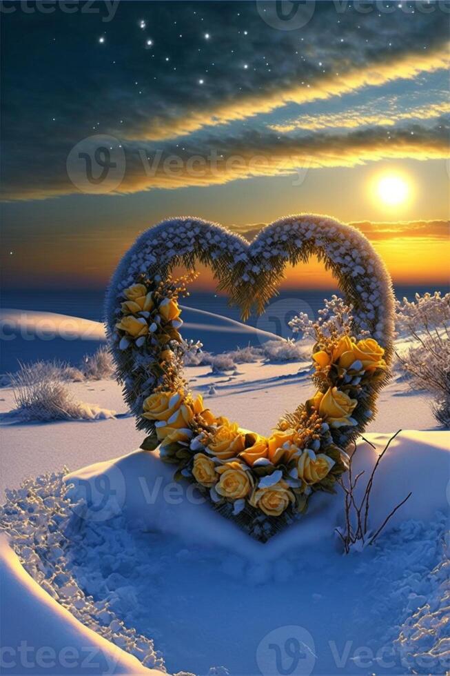 heart shaped wreath made of red roses in the snow. . photo