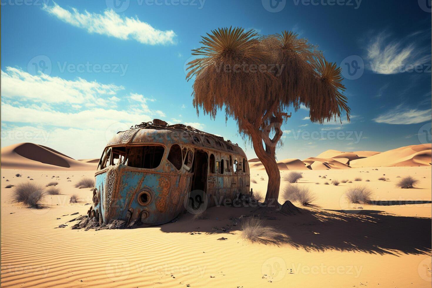 an old bus sitting in the middle of a desert. . photo