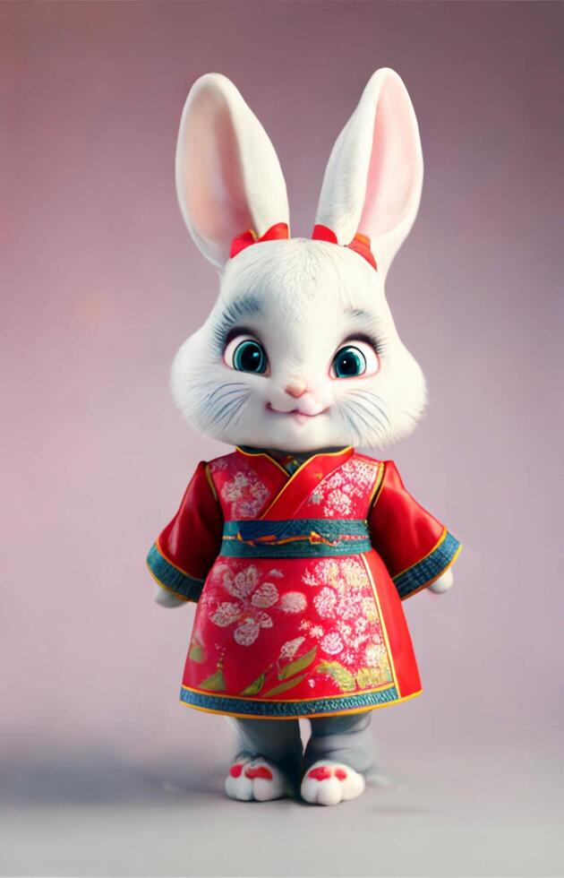 white rabbit dressed in a red dress. . photo