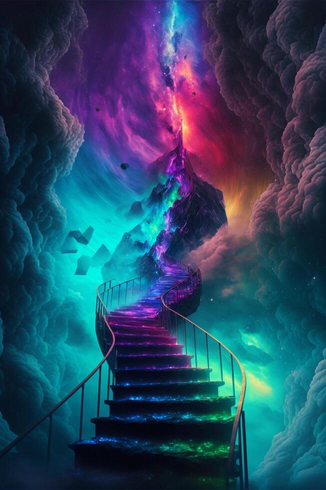 escalera líder a un vistoso galaxia cielo. generativo ai. foto