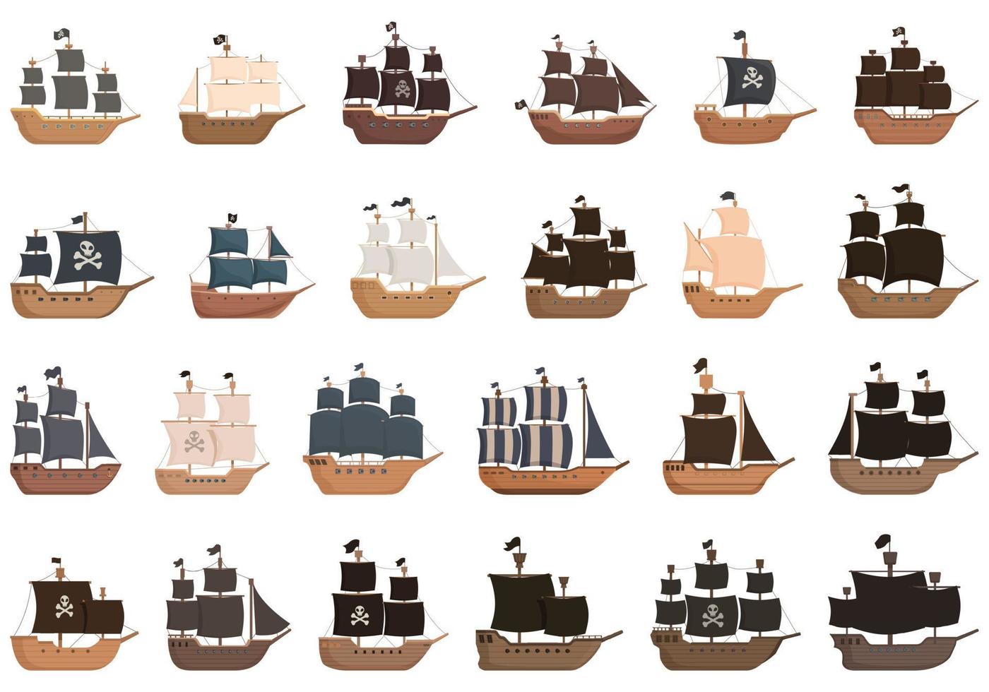 Pirate ship icons set cartoon vector. Wreck boat vector