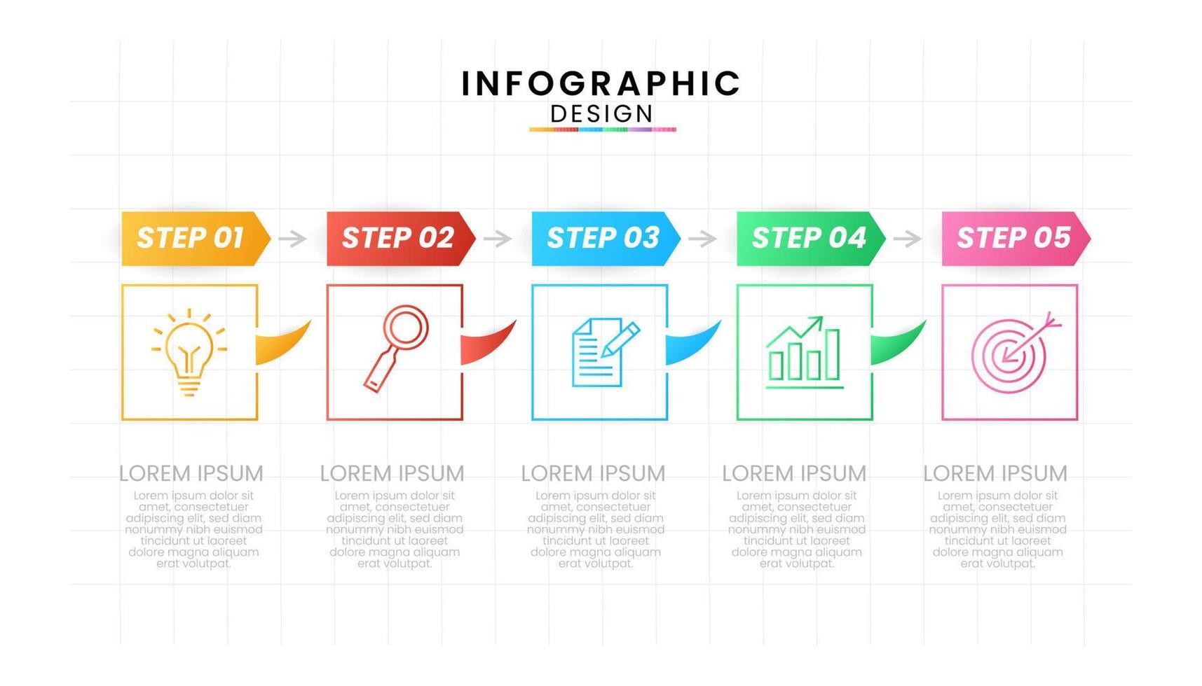 Business data process chart concept. Square infographic icons designed for modern background template with 5 Steps Line Process diagram. vector