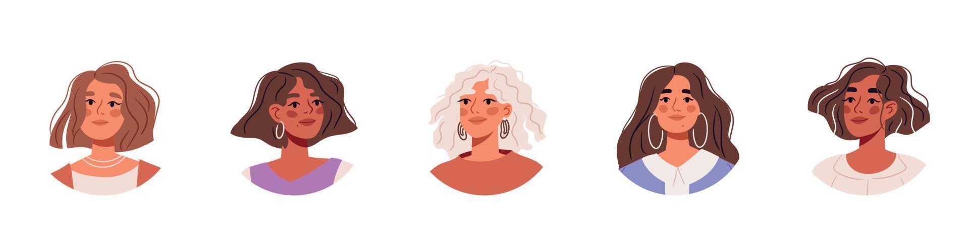 mujer avatares colocar. hembra retrato recopilación. conjunto de usuario perfiles. redondo íconos con contento sonriente gente. plano vector aislado ilustración