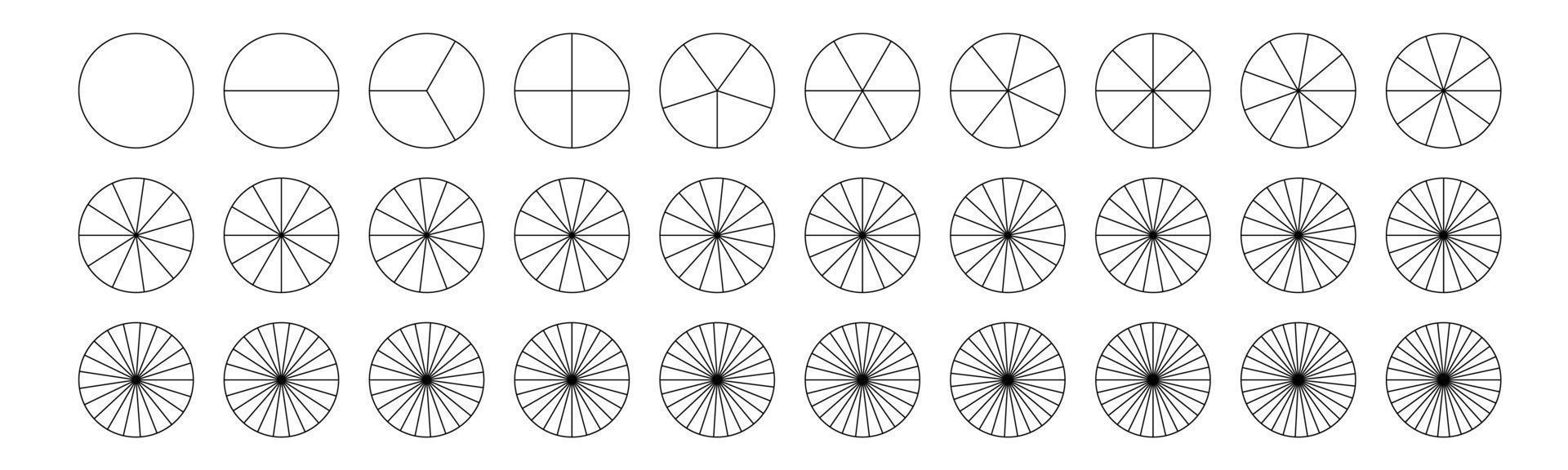 Donut or pie chart templates.Fractions pie divided for math. Circle pie with pieces. Segment slice set. Simple geometry. Vector isolated illustration