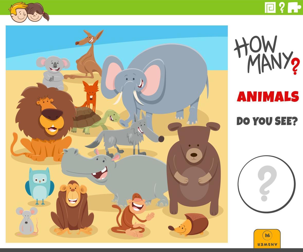 counting cartoon wild animals educational game vector