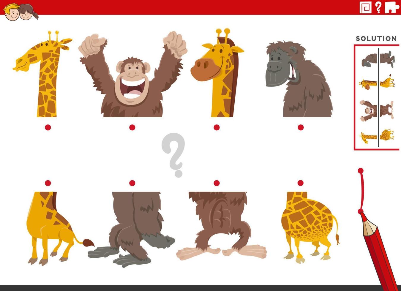 match halves of pictures with animals educational game vector