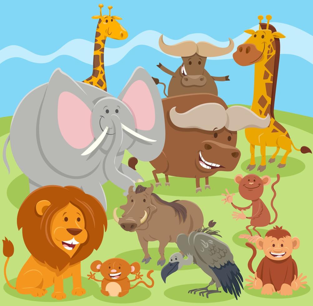 happy cartoon wild animal characters group vector