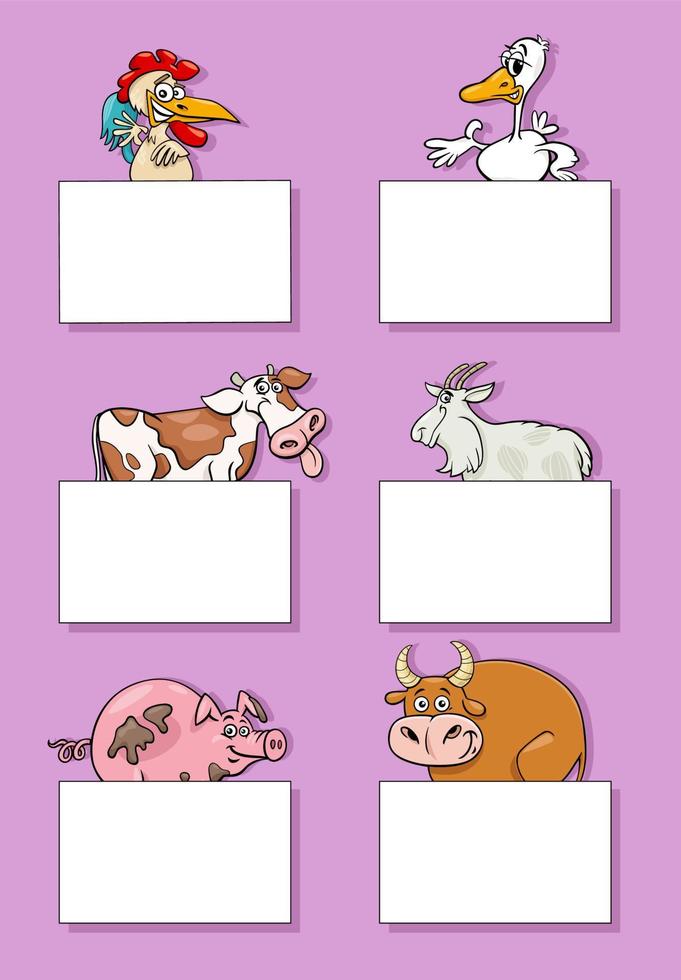 dibujos animados granja animales con tarjetas o pancartas diseño conjunto vector