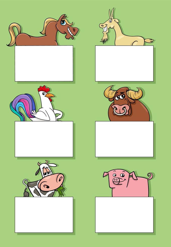 cartoon farm animals with cards or banners design set vector