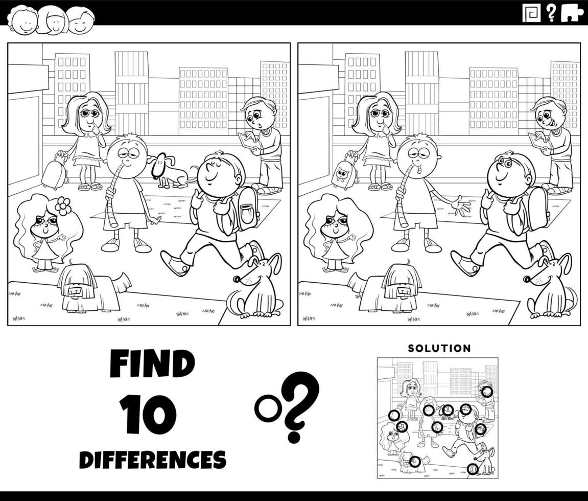 differences game with cartoon kids in the city coloring page vector