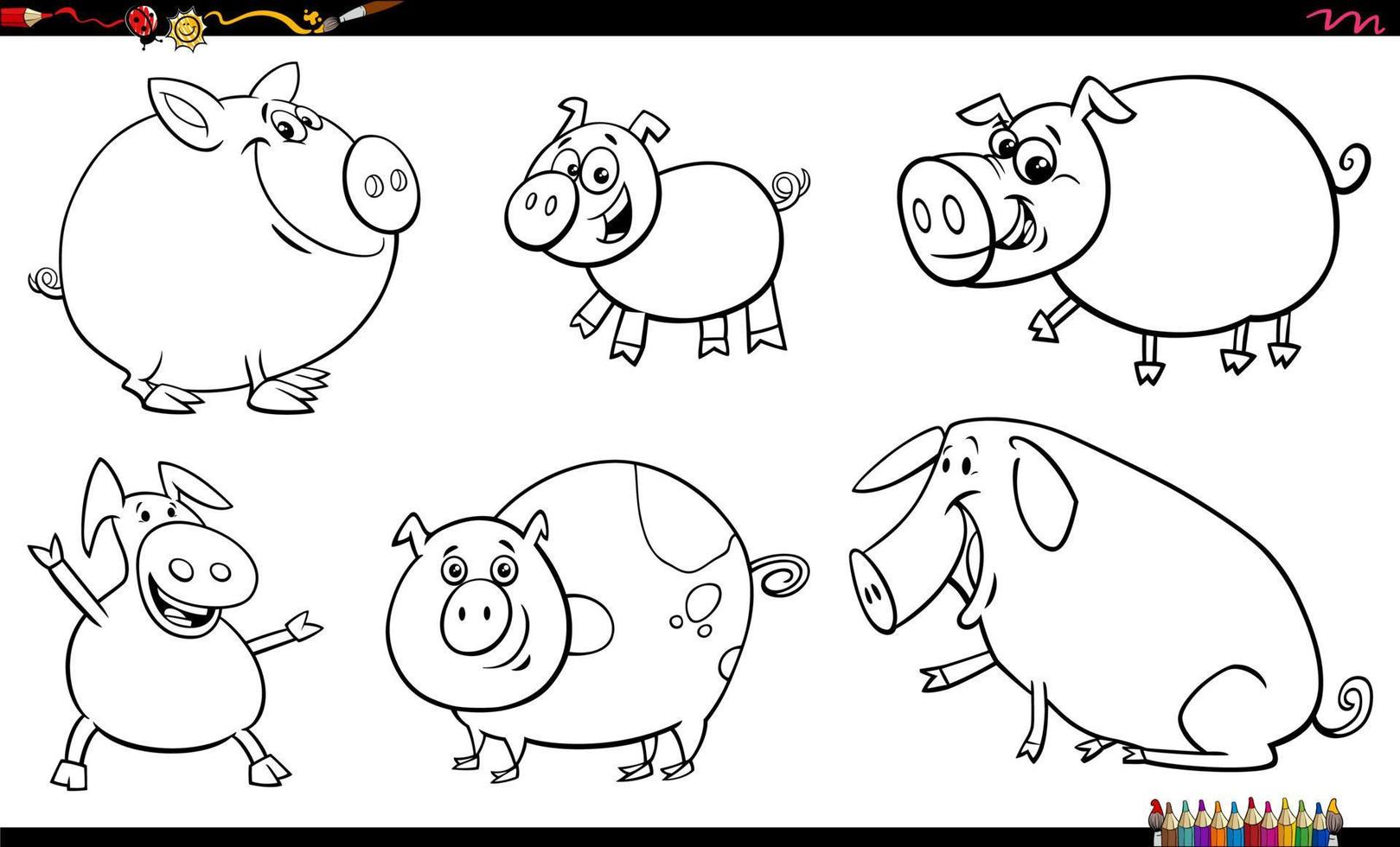 funny cartoon pigs farm animal characters set coloring page vector