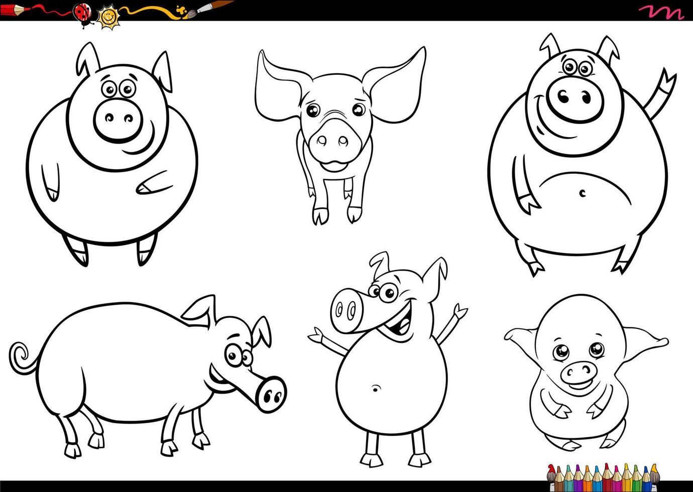 cute cartoon pigs farm animal characters set coloring page vector