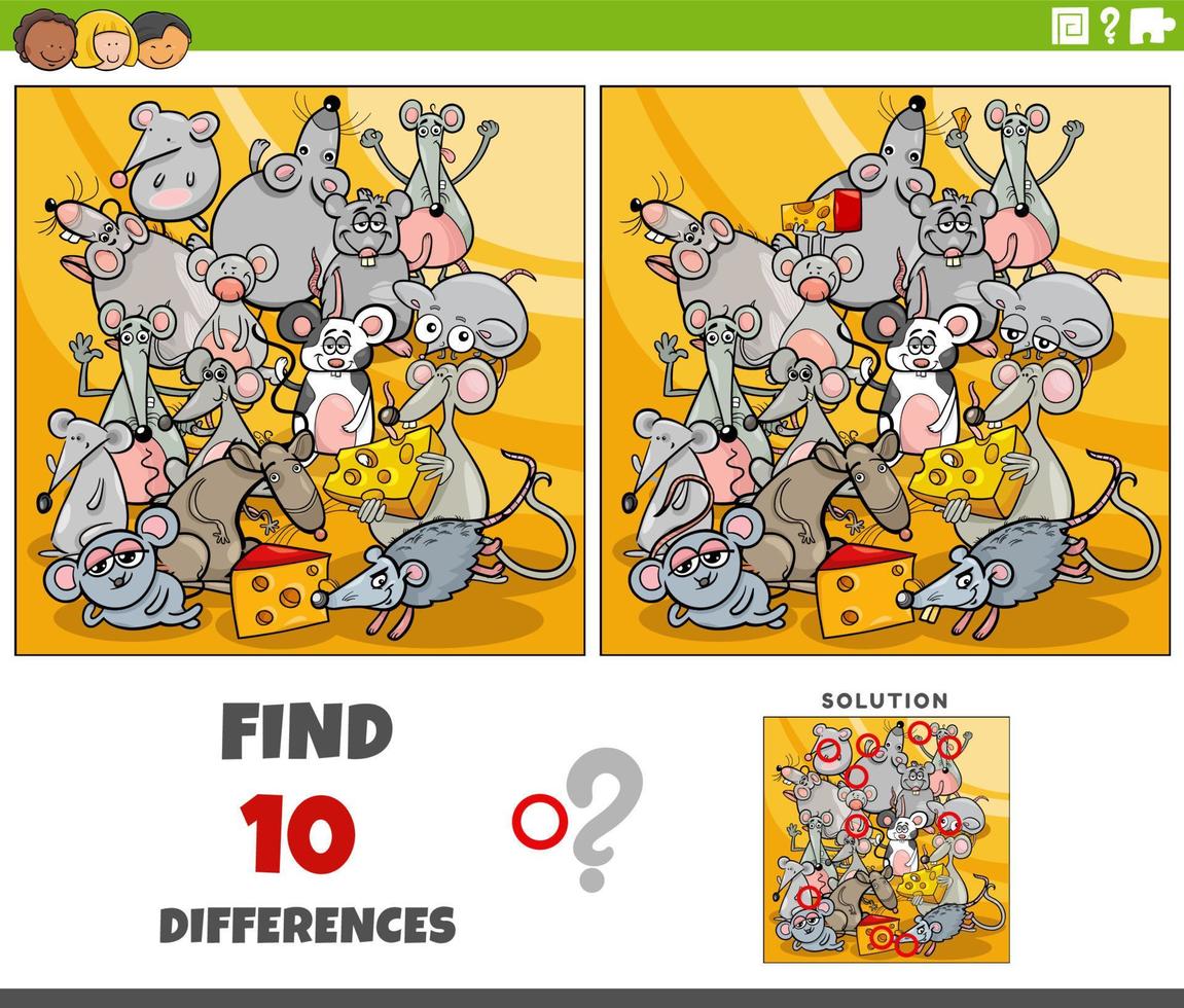 differences game with cartoon mice animal characters group vector